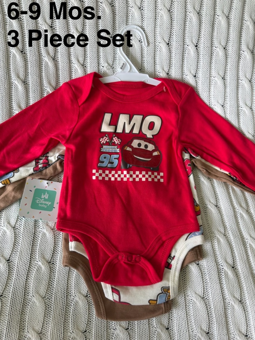 Disney Cars Baby Onesie Set 6 9 Mo NEW Long Sleeve 3 Pcs Lightning McQueen LMQ